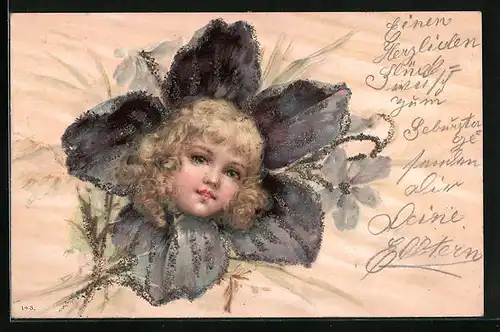 Lithographie Blondes Mädchen wächst aus einer Blüte heraus, Metamorphose