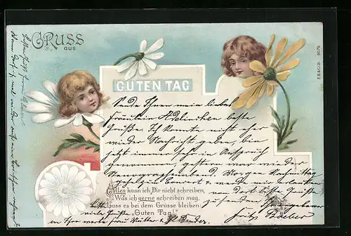 Lithographie Kleine Kinder wachsen aus den Blüten verschiedener Frühblüher, Metamorphose