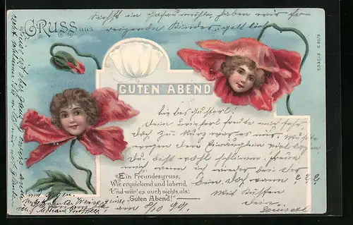 Lithographie Köpfe von Kleinkindern wachsen aus Blüten heraus, Metamorphose