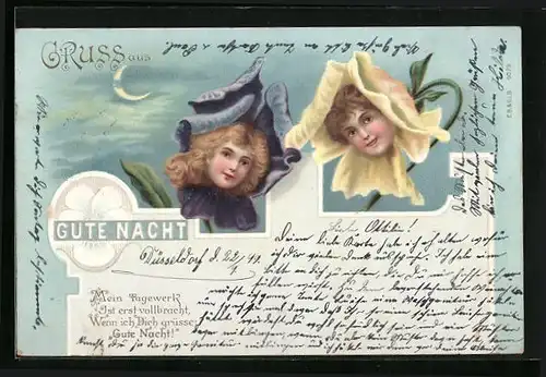 Lithographie Kleinkinder wachsen aus Blumen im Mondschein, Metamorphose