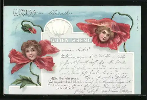 Lithographie Köpfe von Kleinkindern wachsen aus Blüten heraus, Metamorphose