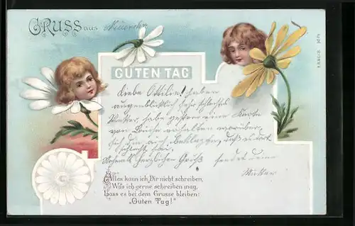 Lithographie Kleine Kinder wachsen aus den Blüten verschiedener Frühblüher, Metamorphose