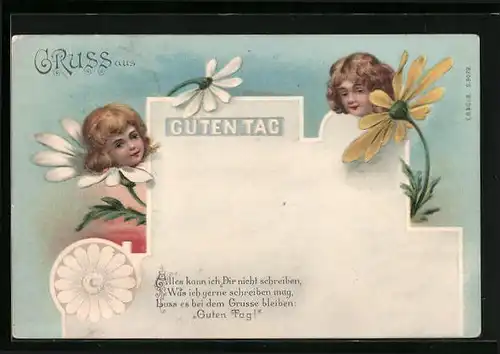 Lithographie Kleine Kinder wachsen aus den Blüten verschiedener Frühblüher, Metamorphose