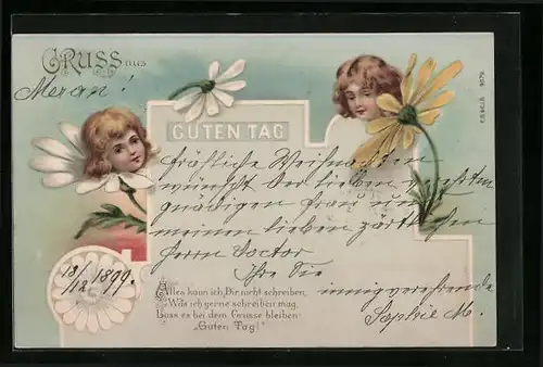 Lithographie Aus verschiedenen Frühblühern herauswachsende Kindergesichter, Metamorphose