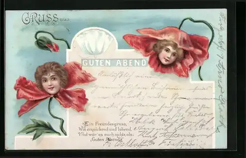 Lithographie Aus Mohnblumen wachsende Kindergesichter, Metamorphose