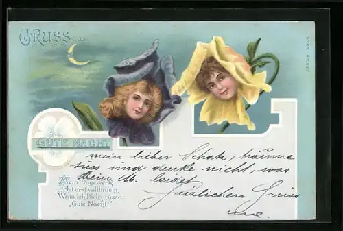 Lithographie Aus Blüten wachsende Kleinkinder im Mondschein, Metamorphose