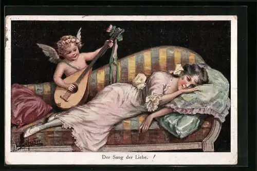 Künstler-AK Bill Fisher: Der Sang der Liebe, Laute spielender Engel weckt schlafende Dame