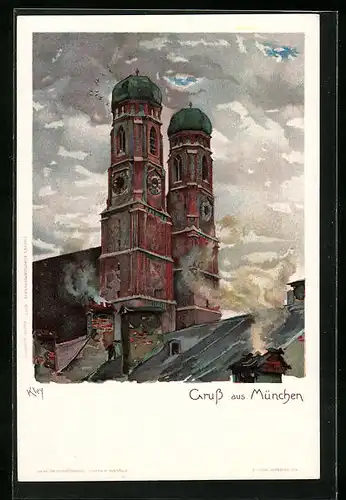 Künstler-AK Heinrich Kley: München, Türme der Frauenkirche