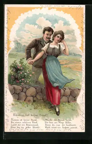 Präge-AK Liebespaar ist der Meinung Küssen ist keine Sünd`