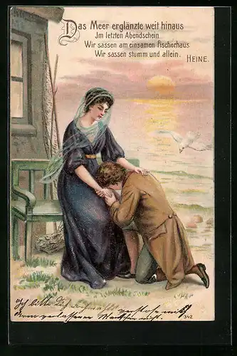 Präge-AK Liebender kniet vor seiner Liebsten