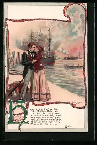 AK Liebespaar küsst sich zum Abschied am Hafen