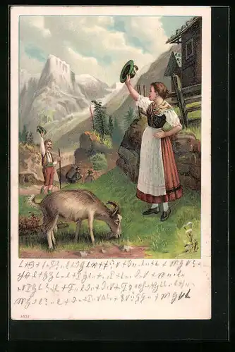 Künstler-AK Älplerin verabschiedet ihren Mann