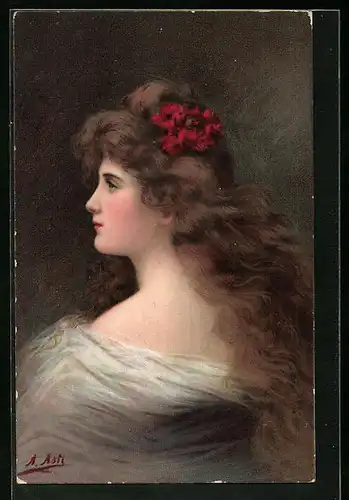 Künstler-AK Angelo Asti: Schönes Mädchen mit roten Blumen im Haar
