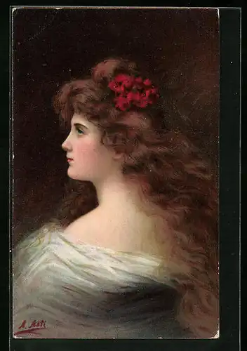 Künstler-AK Angelo Asti: Schöne mit Blumen im wallenden Haar