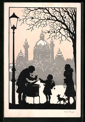 Künstler-AK Josefine Allmayer: Wien, Mutter und Kind beim Maronimann unweit der Karlskirche