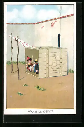 Künstler-AK Wohnungsnot, Kleines Paar wohnt in einer Holzkiste