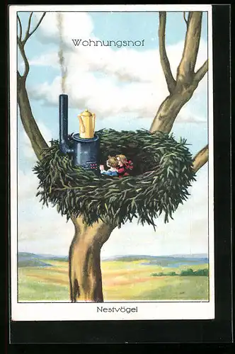 Künstler-AK Wohnungsnot, Kleines Paar wohnt in einem Vogelnest
