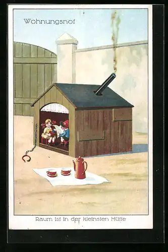 Künstler-AK Wohnungsnot, Däumlings-Paar wohnt in einer kleinen Hütte