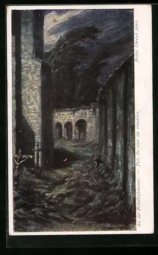 Künstler-AK Fritzi Ulreich: An der Friedhofsmauer