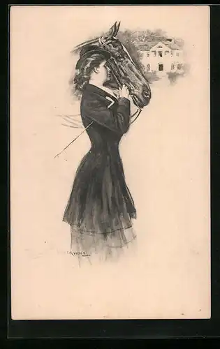 Künstler-AK Clarence F. Underwood: Reiterin mit ihrem Pferd