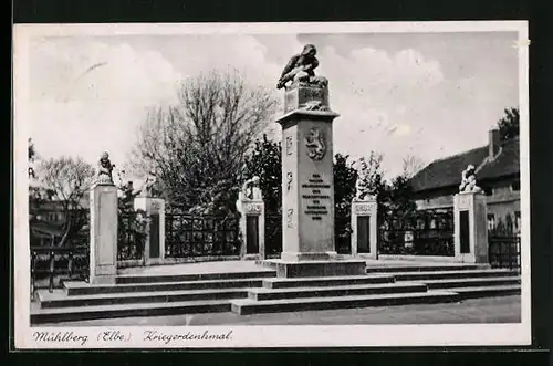 AK Mühlberg /Elbe, Kriegerdenkmal mit Bäumen