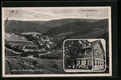 AK Grillenberg /Harz, Ortsansicht mit Ruine Grillenburg und Gast- und Pensionshaus Zur Grillenburg