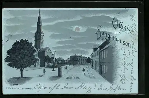 Mondschein-Lithographie Sangerhausen, Ulrichsplatz mit Litfasssäule