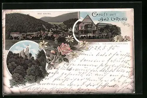 Vorläufer-Lithographie Bad Grund /Harz, 1895, Ortsansicht, Kurhaus, Hübichenstein