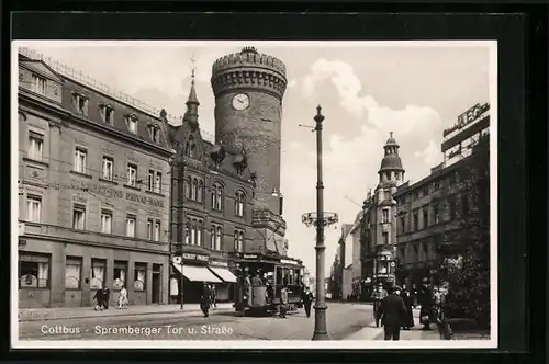 AK Cottbus, Spremberger Tor und Strasse mit Strassenbahn