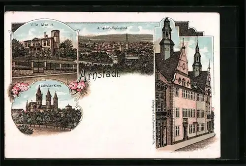 Lithographie Arnstadt, Ortsansicht, Villa Marlitt, Liebfrauen-Kirche