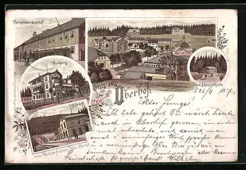 Lithographie Oberhof, Domainen-Gasthof, Kurhaus, Bahnhof, Obere Schweizerhütte