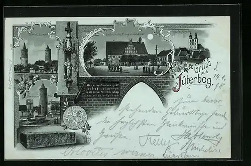 Mondschein-Lithographie Jüterbog, Stadttürme, Rathaus mit Kriegerdenkmal, Nicolaikirche