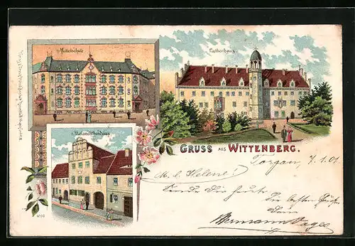 Lithographie Wittenberg, Mittelschule, Melanchthonhaus, Lutherhaus