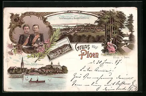 Lithographie Ploen, Prinzenhaus, Ortspartie mit Schwanensee, Blick v. Stern