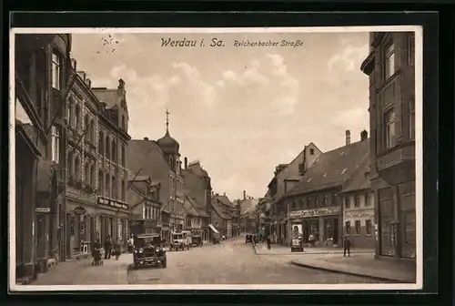 AK Werdau i. Sa., Reichenbacher Strasse mit Geschäften