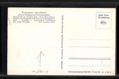 AK Ziegenhals am Grossen Zug, Restaurant Sporthaus, Ernst Thälmann-Gedenkstätte