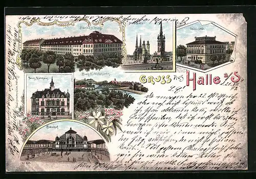 Lithographie Halle a. S., Bahnhof, Universität, Neues Rathaus