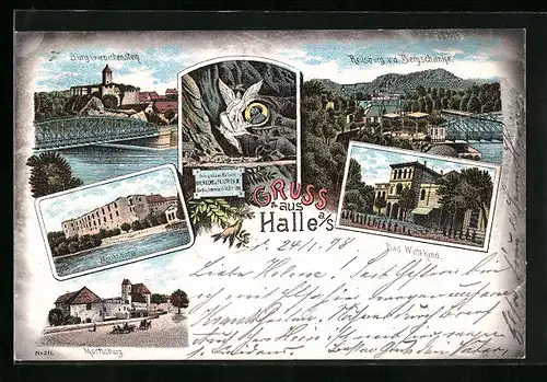 Lithographie Halle /Saale, Moritzburg, Bad Wittekind, Burg Giebichenstein