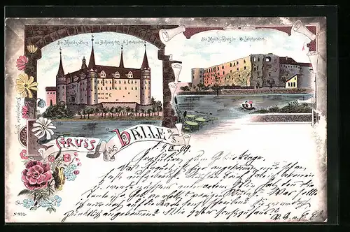 Lithographie Halle /Saale, Moritzburg im 17. u. 19. Jahrhundert
