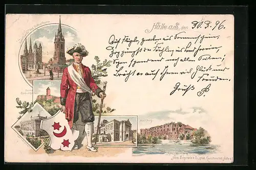 Lithographie Halle /Saale, Universität, Marktkirche und Rother Turm