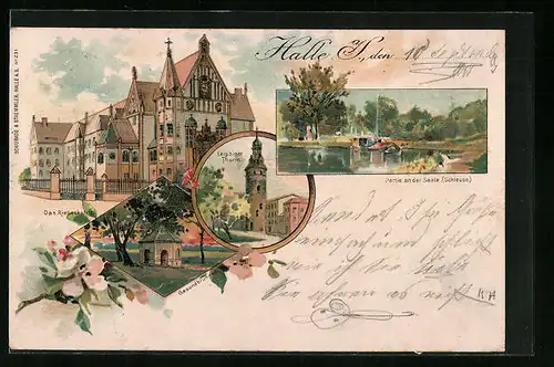 Lithographie Halle /Saale, Riebeckstift, Gesundbrunnen, Leipziger Turm