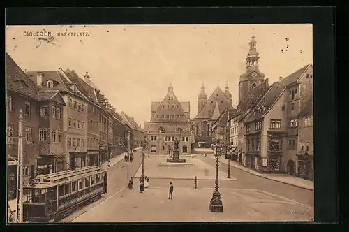 AK Eisleben, Marktplatz mit Strassenbahn