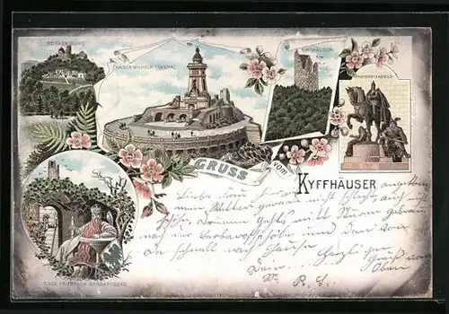 Lithographie Bad Frankenhausen, Kyffhäuser, Kaiser-Wilhelm-Denkmal, Rothenburg, Sage Friedrich Barbarossas