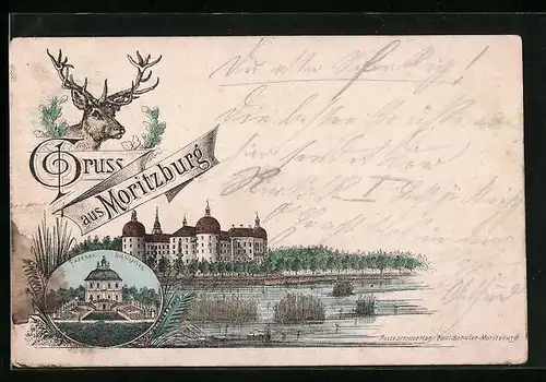 Lithographie Moritzburg i. S., Fasanenschlösschen, Jagdschloss aus der Ferne