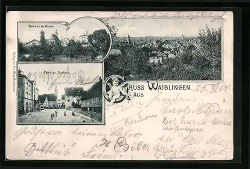 AK Waiblingen, Partie an der Kirche, Rathaus, Gesamtansicht