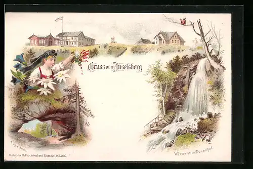 Lithographie Inselsberg, Thorstein, Wasserfall im Trusenthal
