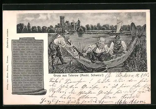 Künstler-AK Teterow /Meckl. Schweiz, Fischer mit einem riesigen Fisch
