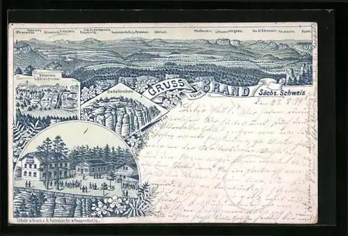 Lithographie Brand /Sächs. Schweiz, Hohnstein und Bärengarten, Die Hafersäcke, Bergpanorama