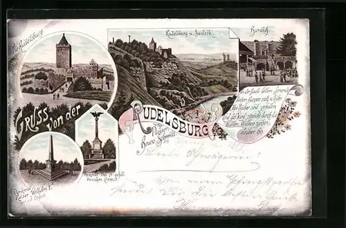 AK Rudelsburg, Burghof, Denkmal Kaiser Wilhelm I, Rudelsburg und Saaleck