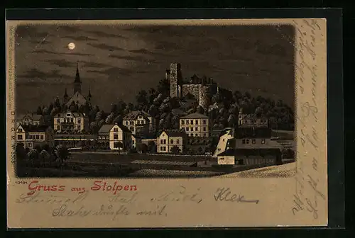 Mondschein-Lithographie Stolpen, Ortspartie mit Burg und Kirche bei Vollmond